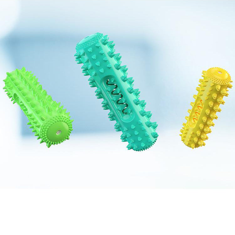 Brightly colored dog teething toy featuring textured spikes for dental health and playtime fun