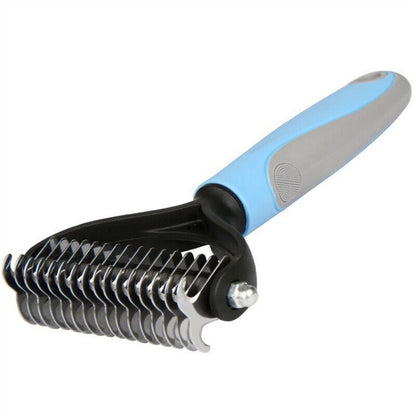 Double sided pet deshedding tool with ergonomic handle for easy grooming and reducing shedding