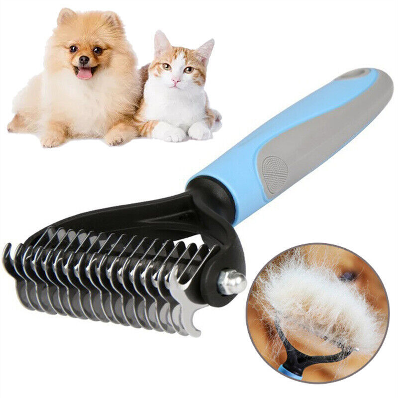 Double sided pet deshedding tool designed for effective grooming of dogs and cats with a comfortable grip