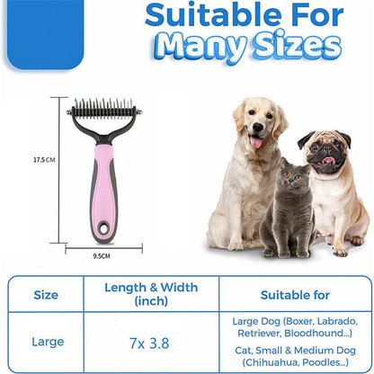 Double sided pet deshedding tool for various dog sizes, including large dogs and cats