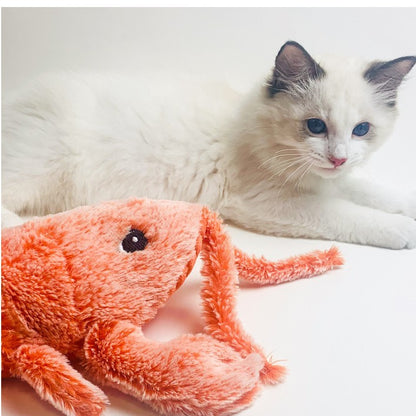 Electric jumping shrimp cat toy in orange with a playful kitten nearby