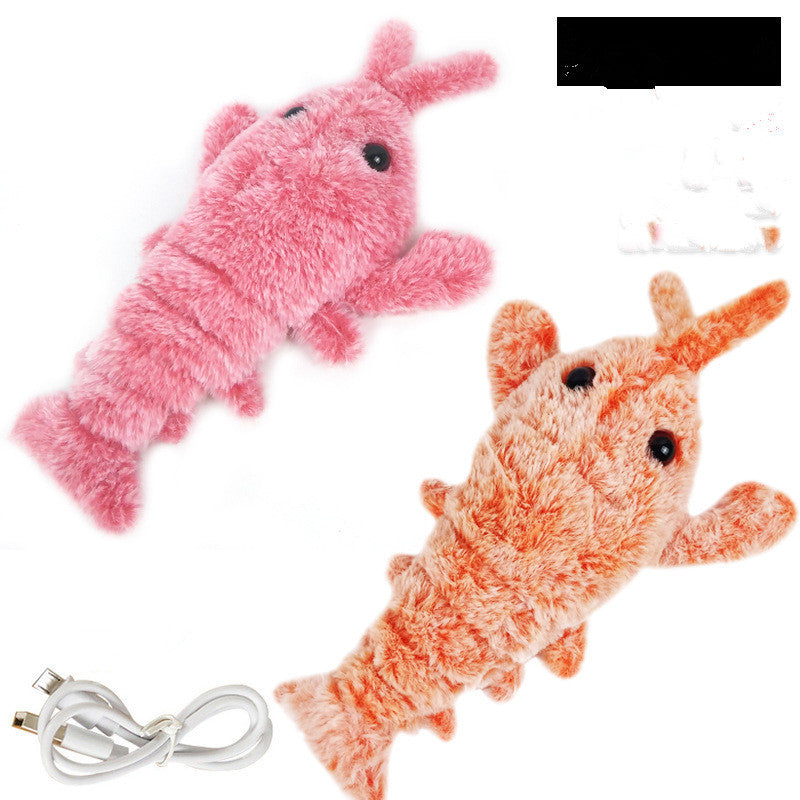 Two colorful electric jumping shrimp cat toys with plush texture for playful cats