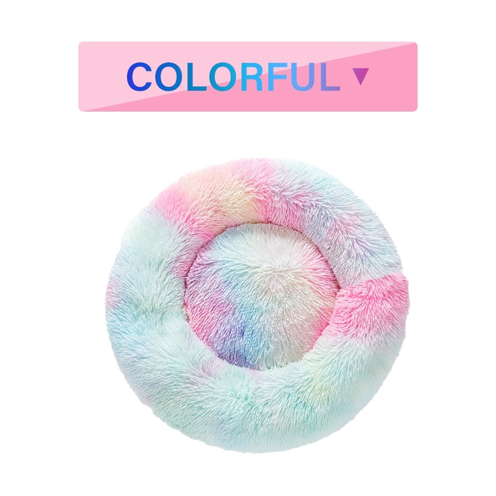 Colorful fluffy donut dog bed made of soft, plush material for pet comfort and relaxation