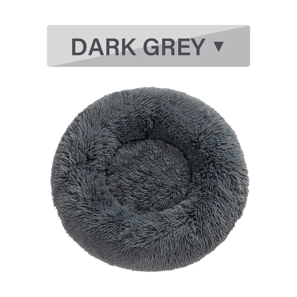 Fluffy donut dog bed in dark grey color with soft, plush materials for ultimate comfort