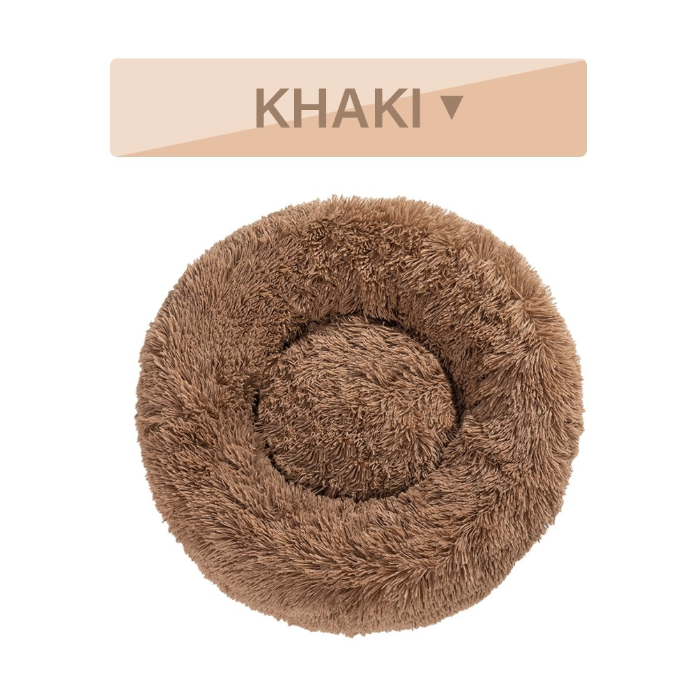 Fluffy donut dog bed in khaki color, cozy and soft for a comfortable pet resting area
