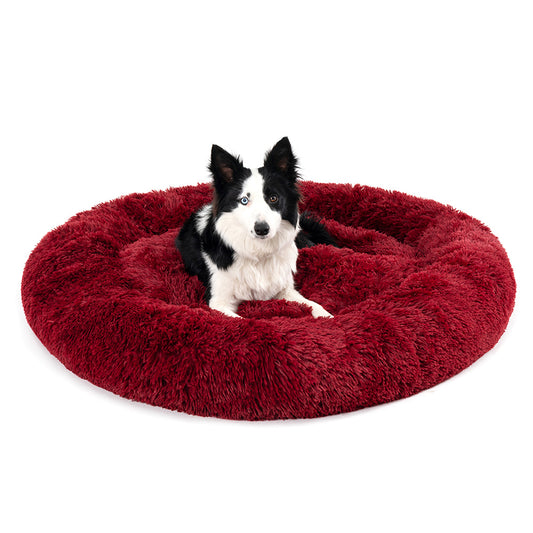 Cozy fluffy donut dog bed in burgundy with a black and white dog resting comfortably on it