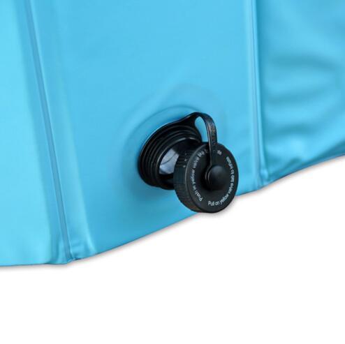 Close-up of the drainage valve on the Petpal foldable dog swimming pool in blue