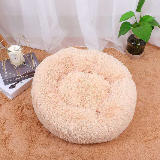 Plush round dog bed in apricot-yellow with anti-skid waterproof base