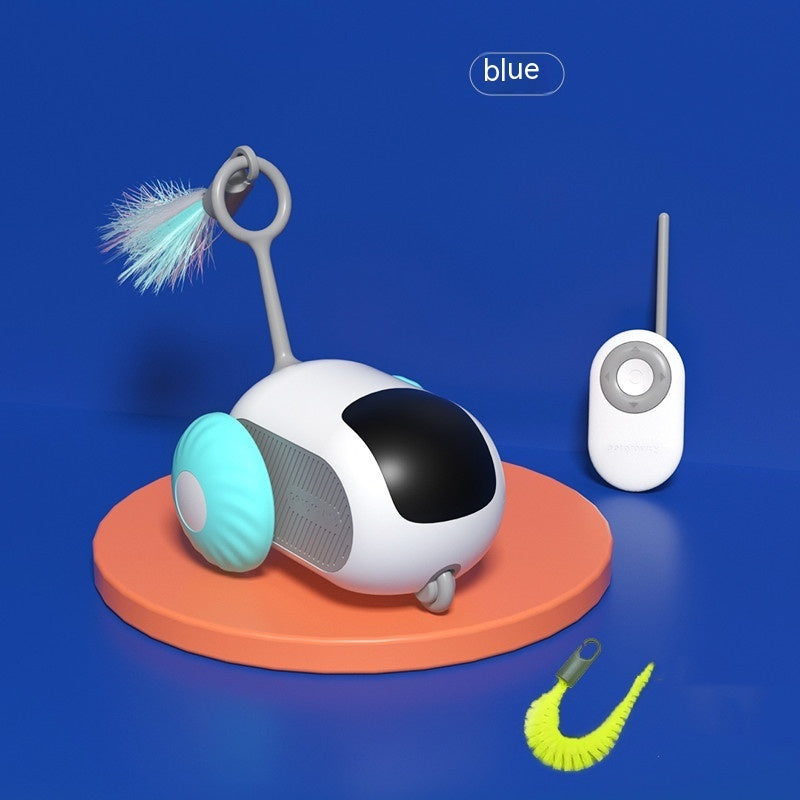 Interactive Cat Car Toy in blue with remote control and feather attachment for engaging playtime