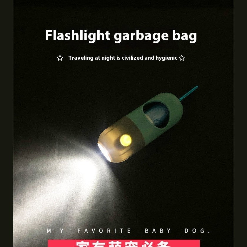 LED pet waste bag dispenser with flashlight feature for nighttime walks and easy access to waste bags