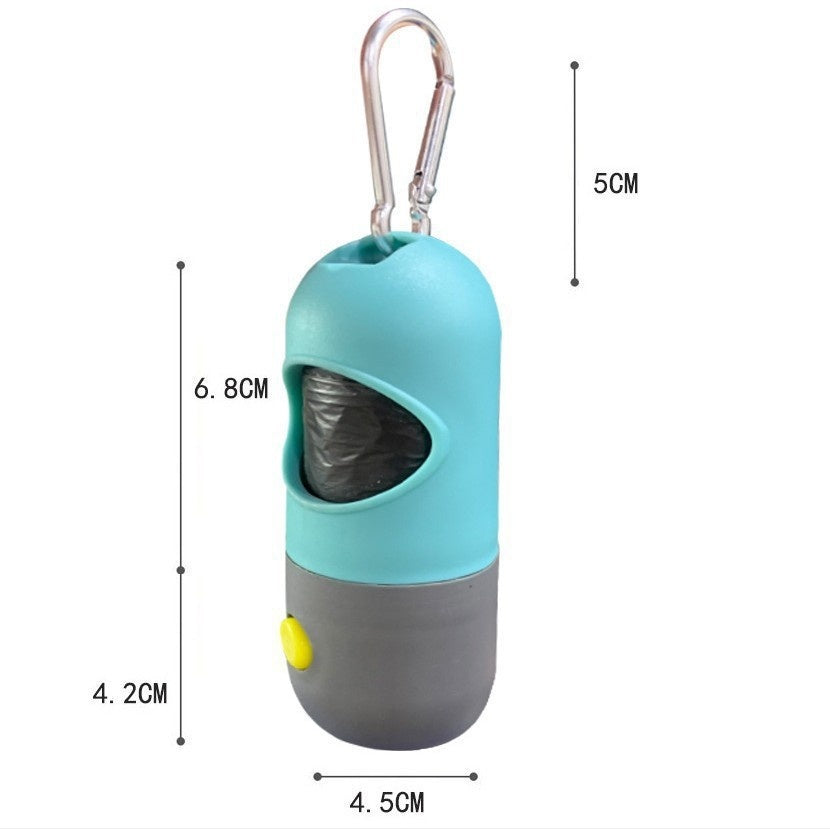 LED pet waste bag dispenser in teal and gray with a clip for easy attachment to leashes