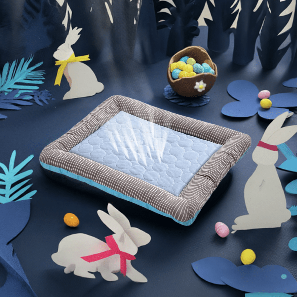 Cozy multi-size pet bed mat with soft padded edges and a blue sleeping surface for pets