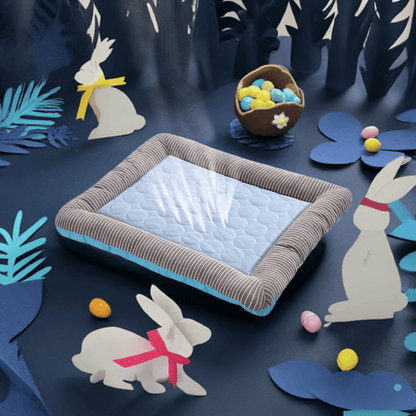 Cozy multi-size pet bed mat with soft padded edges and a blue sleeping surface for pets