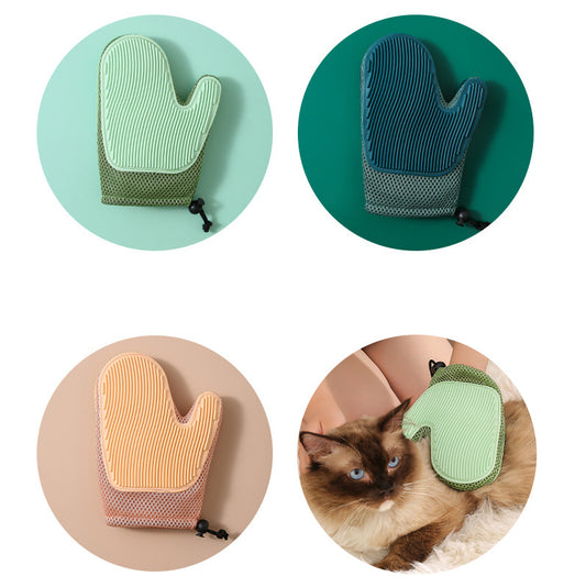 Colorful 2-in-1 pet grooming glove designed for effective shedding and massage on pets