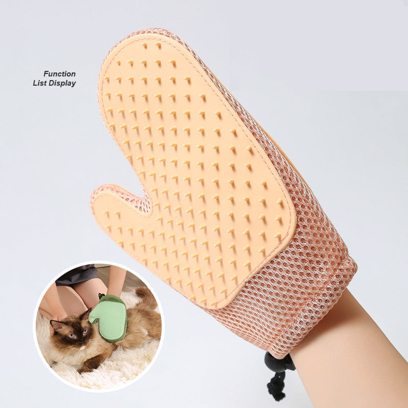 Pink 2-in-1 pet grooming glove designed for effective pet hair removal and gentle massage