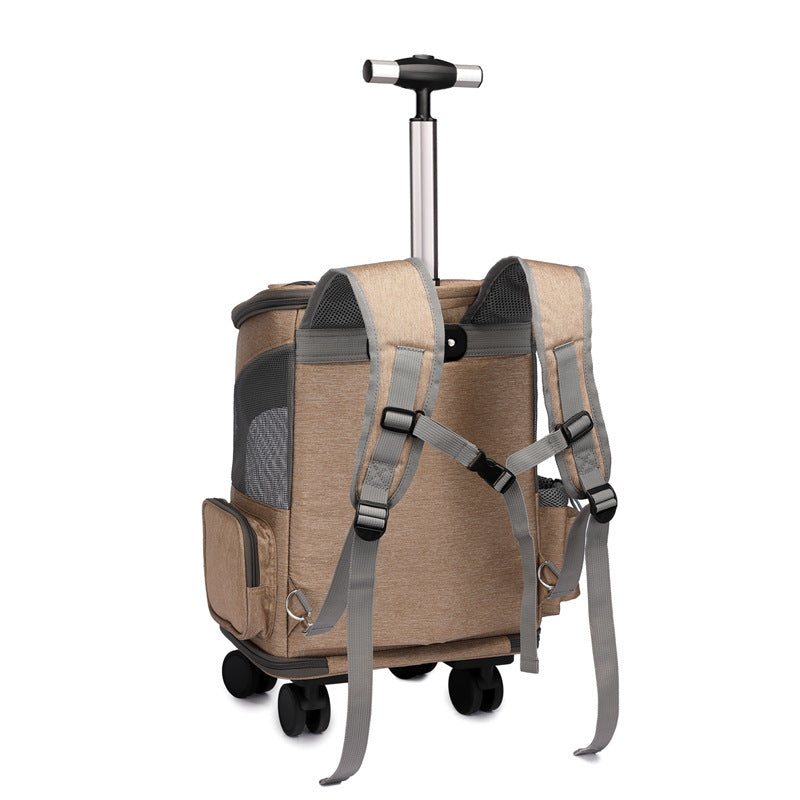 Portable pet trolley backpack with wheels and adjustable straps for easy travel with pets