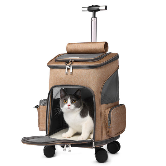 Portable pet trolley backpack with wheels and spacious interior for easy pet transport
