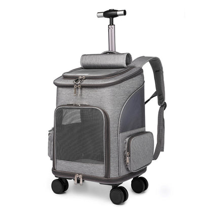 Gray portable pet trolley backpack with wheels and adjustable handle for easy travel with pets