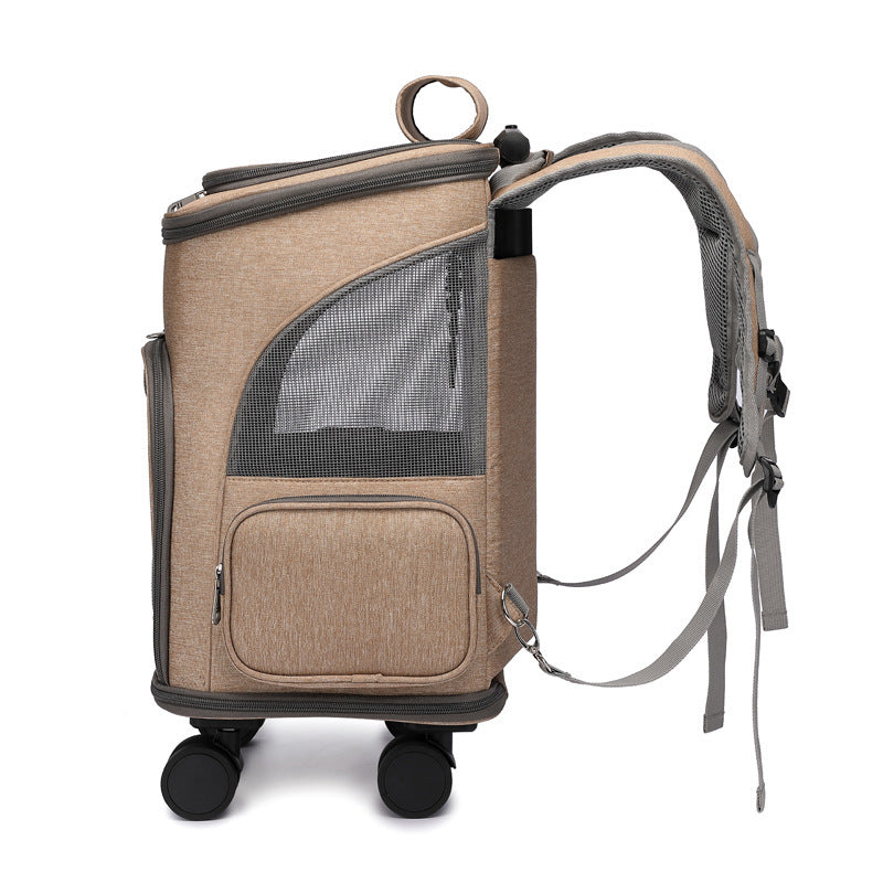 Portable pet trolley backpack in beige with wheels and mesh sides for easy pet transport