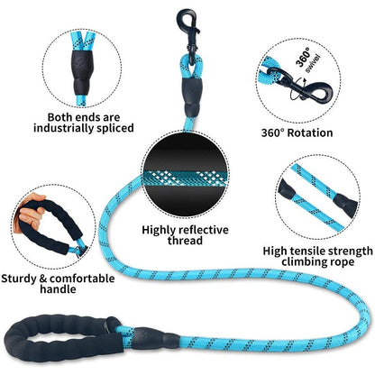 Reflective puppy leash for night walks with durable handle and 360 degree rotation features