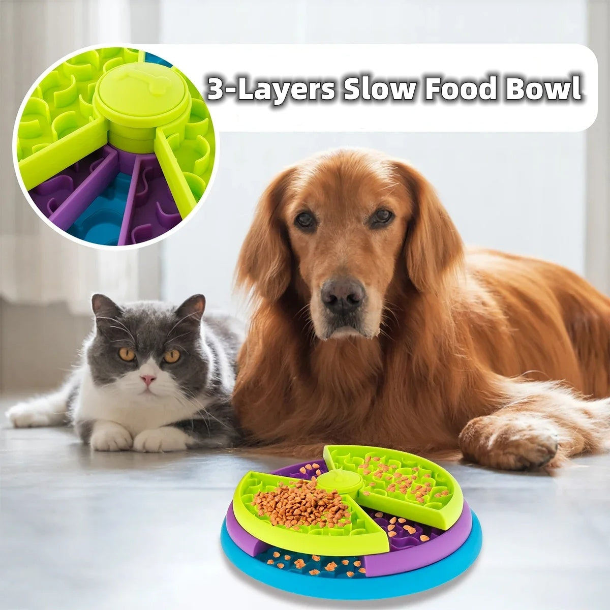 Petpal rotating pet food bowl with three layers to slow down dogs and cats during mealtime