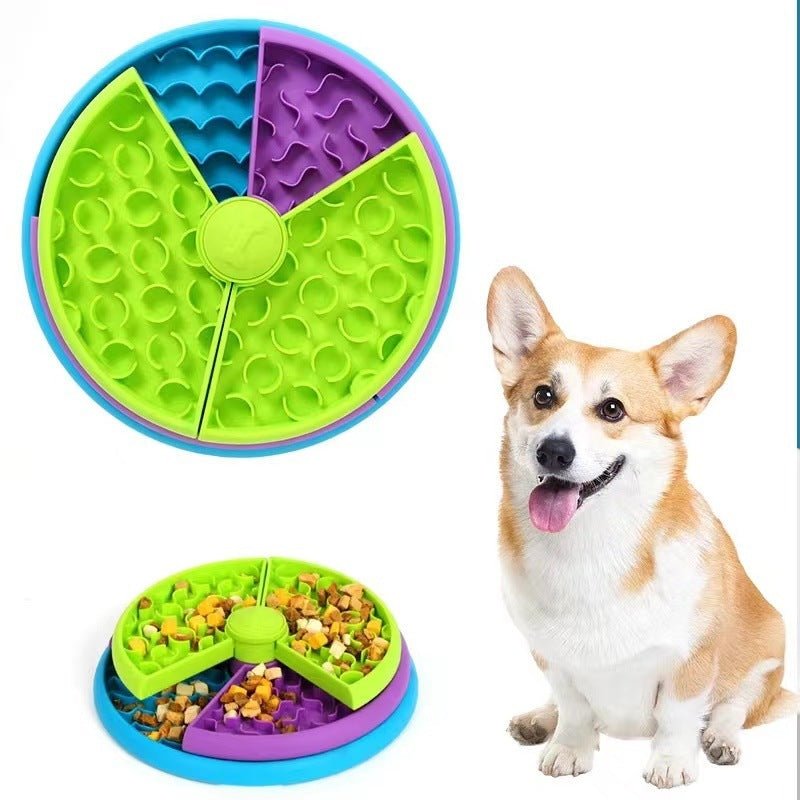 Rotating pet food bowl with multiple sections for fun and interactive feeding for dogs