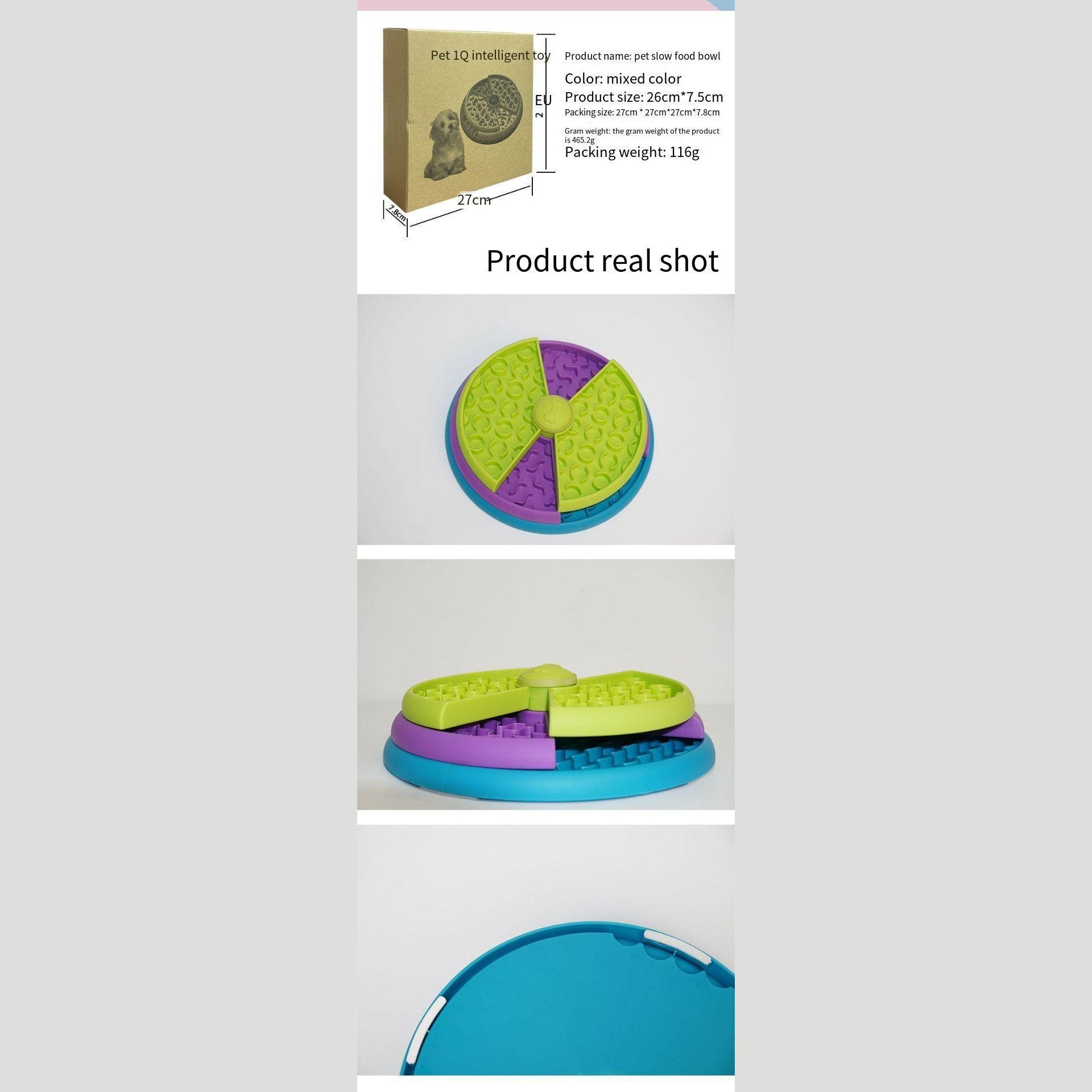 Rotating pet food bowl by Petpal Accessories in vibrant green and purple design for interactive feeding