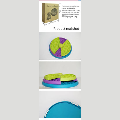 Rotating pet food bowl by Petpal Accessories in vibrant green and purple design for interactive feeding