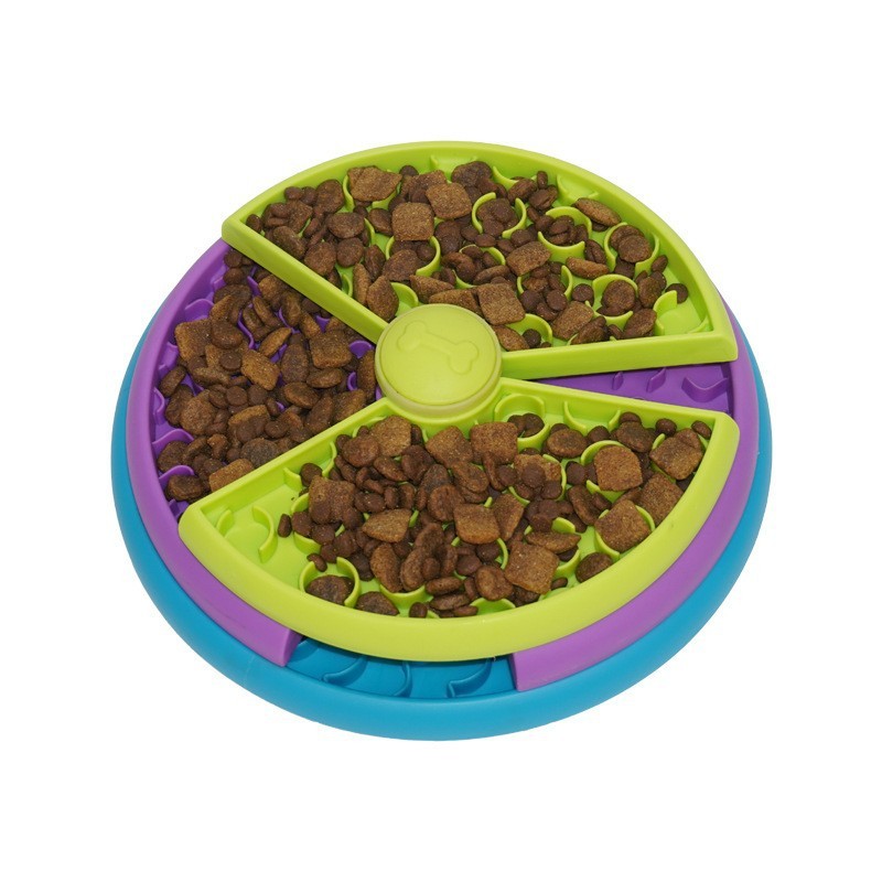 Rotating pet food bowl with three sections for balanced feeding and fun for pets