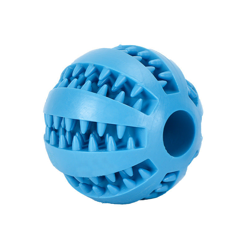 Rubber dog ball toy in blue with textured spikes for improved grip and dental care