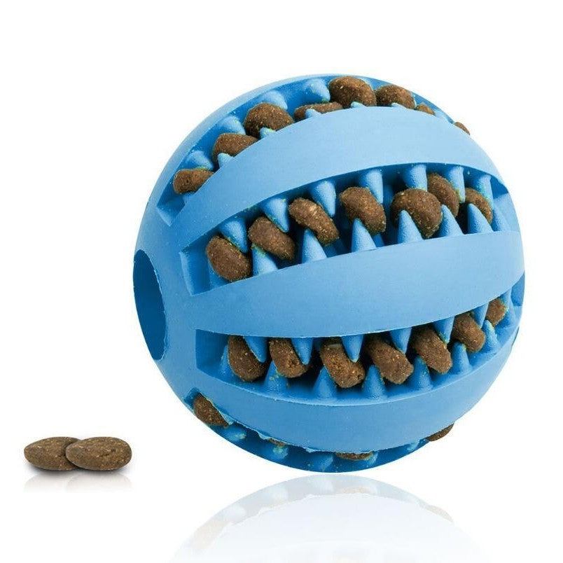 Petpal rubber dog ball toy in blue with treat-holding grooves for fun playtime