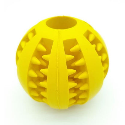 Bright yellow rubber dog ball toy with spiked textures for better grip and fun playtime