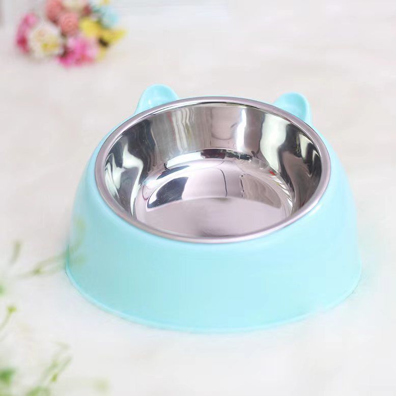 Cute blue pet bowl with bear ears featuring a stainless steel dog bowl insert for easy cleaning