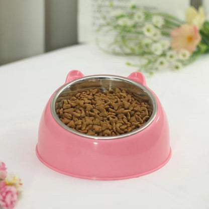 Pink Petpal stainless steel dog bowl with a cute ear design filled with dog food