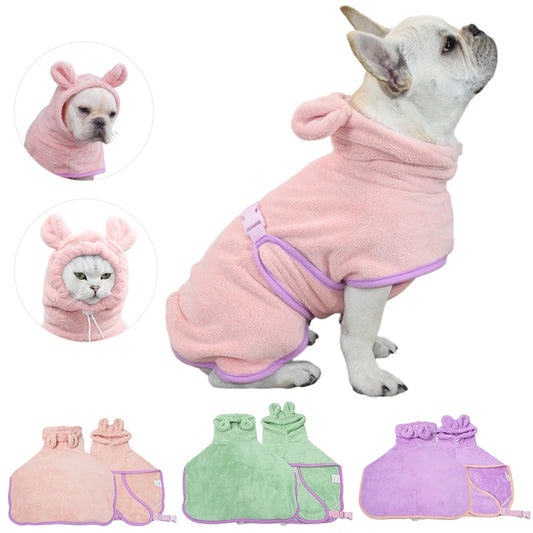 Pink and green super absorbent dog towel in cute hoodie design for quick drying pets