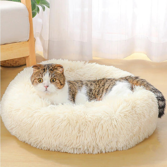 Cozy washable pet bed plush in cream color, perfect for cats to relax and sleep comfortably