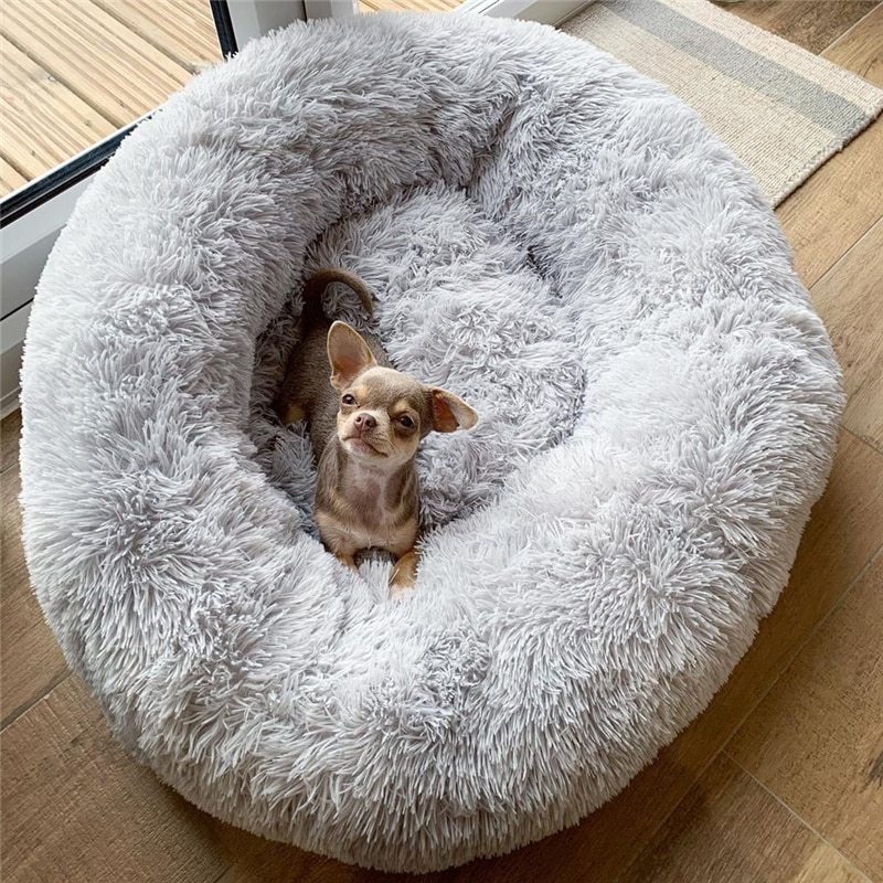 Cozy washable pet bed plush in light gray featuring a small dog comfortably resting inside